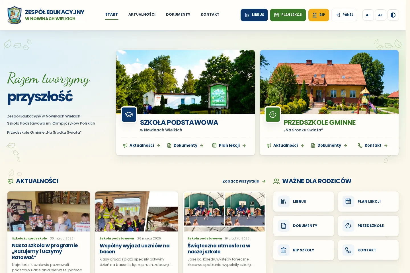 Widok strony Zespołu Edukacyjnego w Nowinach Wielkich